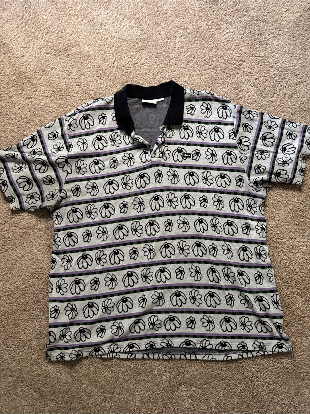 Obey Black Collar Gray Polo with Floral Stripe Print